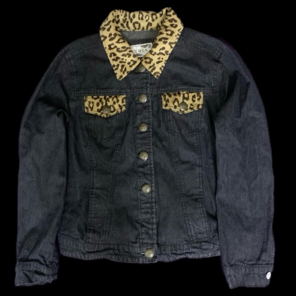 Black and Tan Jean Jacket with Leopard Print Accents
